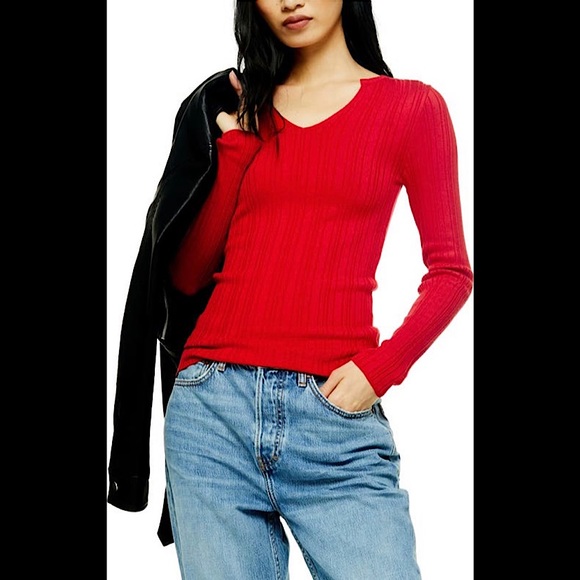 NWT Topshop Split Neck Ribbed Sweater - Red - Picture 1 of 7